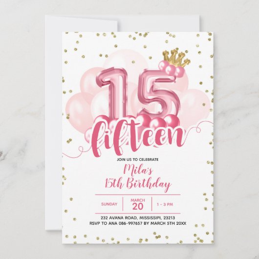 Roze kroonballon 15 dagen uitnodiging (Voorkant)