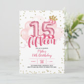 Roze kroonballon 15 dagen uitnodiging (Staand voorkant)