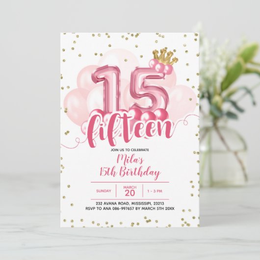 Roze kroonballon 15 dagen uitnodiging (Staand voorkant)