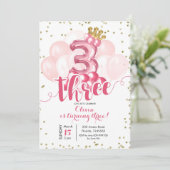 Roze kroonballon Derde uitnodiging van de verjaard (Staand voorkant)