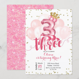 Roze kroonballon Derde uitnodiging van de verjaard