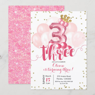 Roze kroonballon Derde uitnodiging van de verjaard