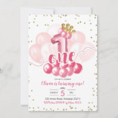 Roze kroonballon Eerste uitnodiging van de verjaar (Voorkant)