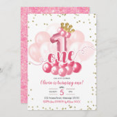 Roze kroonballon Eerste uitnodiging van de verjaar (Voorkant / Achterkant)