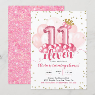 Roze kroonballon Eleven Birthday Uitnodiging