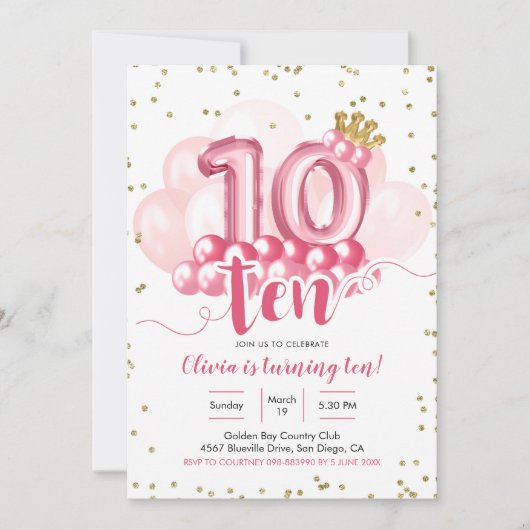 Roze kroonballon tiende verjaardag uitnodiging (Voorkant)