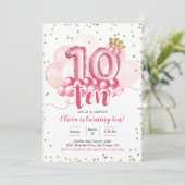 Roze kroonballon tiende verjaardag uitnodiging (Staand voorkant)