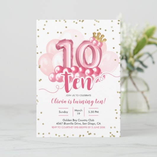 Roze kroonballon tiende verjaardag uitnodiging (Staand voorkant)