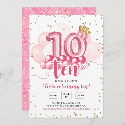Roze kroonballon tiende verjaardag uitnodiging (Voorkant / Achterkant)