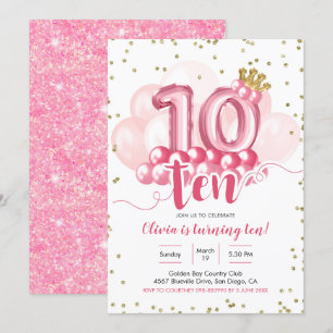 Roze kroonballon tiende verjaardag uitnodiging