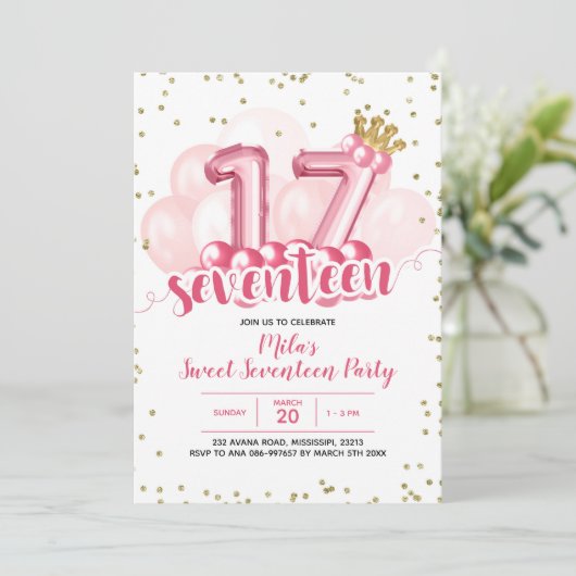 Roze kroonballon, zeventien jaar uitnodiging (Staand voorkant)