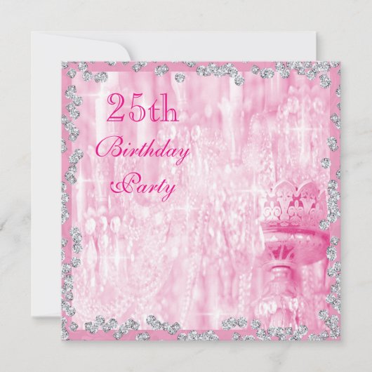 Roze Kroonluchter & Diamanten 25e Verjaardag Kaart (Voorkant)