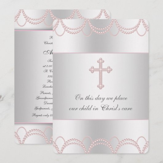 Roze Kruis Baby Meisje Doop Doop Kaart (Voorkant / Achterkant)