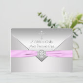 Roze Kruis Baby Meisje Doop Kaart (Staand voorkant)