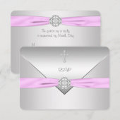 Roze Kruis Baby Meisje Doop RSVP (Voorkant / Achterkant)