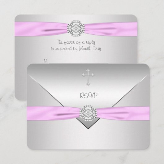 Roze Kruis Baby Meisje Doop RSVP (Voorkant / Achterkant)