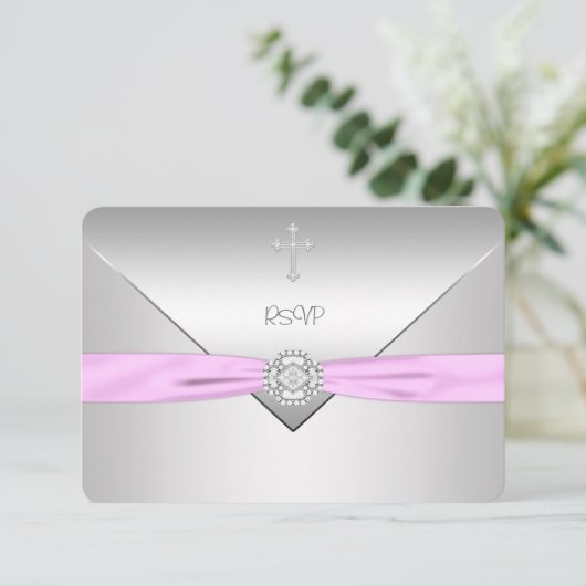 Roze Kruis Baby Meisje Doop RSVP (Staand voorkant)