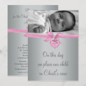 Roze Kruis Baby Meisje Foto Doop Kaart (Voorkant / Achterkant)