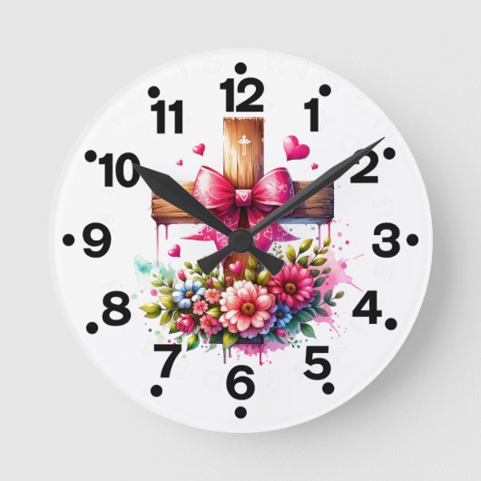 Roze Kruis Bloemen Ronde Klok (Voorkant)