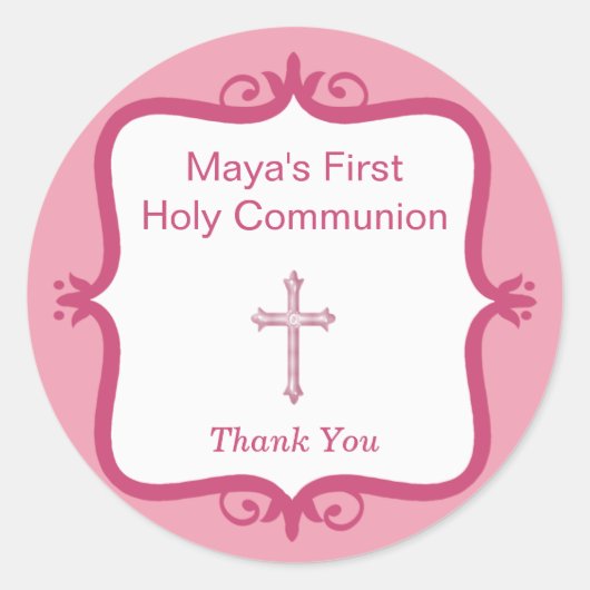 Roze Kruis Communie Ronde Sticker (Voorkant)