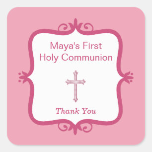Roze Kruis Communie Vierkante Sticker