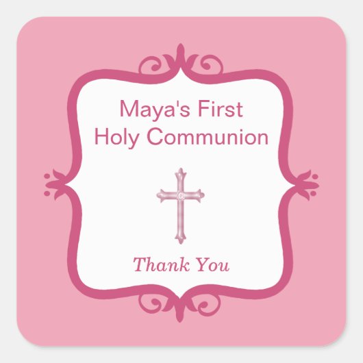 Roze Kruis Communie Vierkante Sticker (Voorkant)