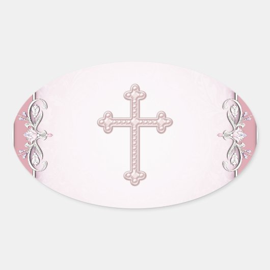 Roze Kruis Damast Bloem Envelop Afdichtingen Ovale Sticker (Voorkant)