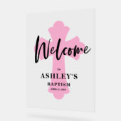 Roze Kruis Doop Welkom Acryl Bord (Hoek)