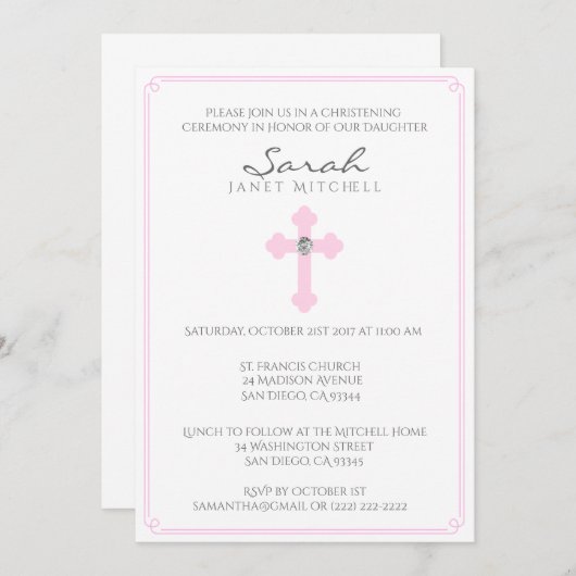 Roze Kruis Doopsel Ceremonie Meisje Kaart (Voorkant / Achterkant)