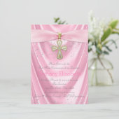 Roze Kruis Eerste Communie Roze Satijn Kaart (Staand voorkant)