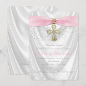 Roze Kruis Eerste Communie Witte Satijn Glitter Kaart (Voorkant / Achterkant)
