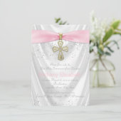 Roze Kruis Eerste Communie Witte Satijn Glitter Kaart (Staand voorkant)