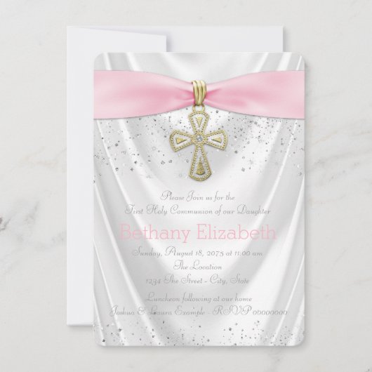 Roze Kruis Eerste Communie Witte Satijn Glitter Kaart (Voorkant)