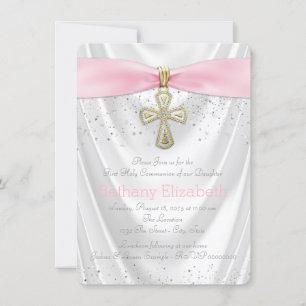 Roze Kruis Eerste Communie Witte Satijn Glitter Kaart