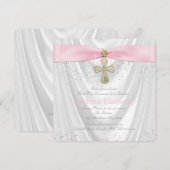Roze kruis Eerste Communie Witte Satijn Kaart (Voorkant / Achterkant)