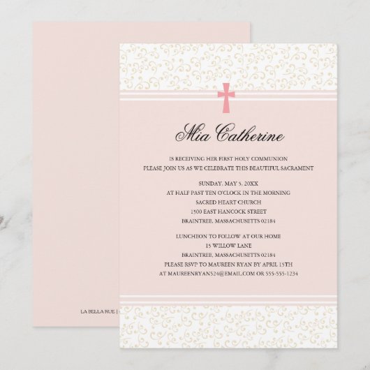 Roze Kruis Eerste Heilige Communie Uitnodiging (Voorkant / Achterkant)