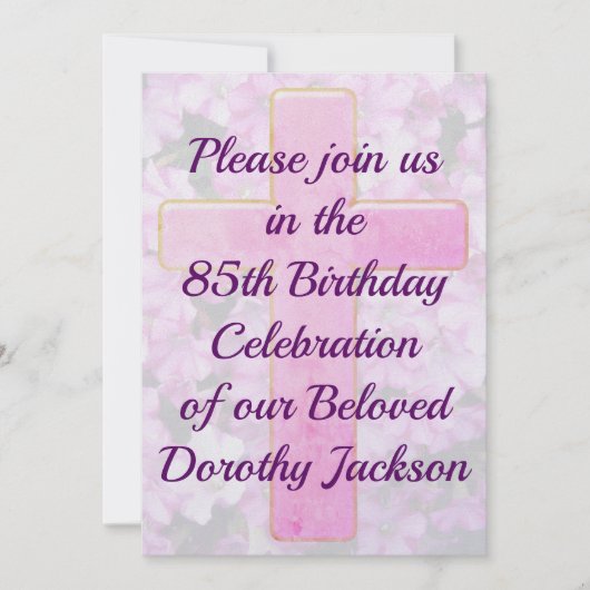 ROZE KRUIS EN BLOEMEN 85E VERJAARDAG UITNODIGING (Voorkant)