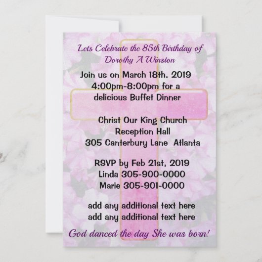 ROZE KRUIS EN BLOEMEN 85E VERJAARDAG UITNODIGING (Achterkant)