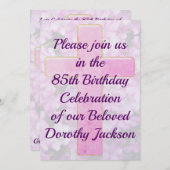 ROZE KRUIS EN BLOEMEN 85E VERJAARDAG UITNODIGING (Voorkant / Achterkant)