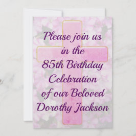 ROZE KRUIS EN BLOEMEN 85E VERJAARDAG UITNODIGING