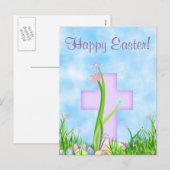 Roze Kruis en Bloemen Happy Easter Briefkaart (Voorkant / Achterkant)