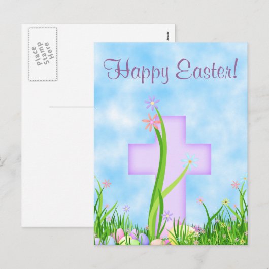 Roze Kruis en Bloemen Happy Easter Briefkaart (Voorkant / Achterkant)