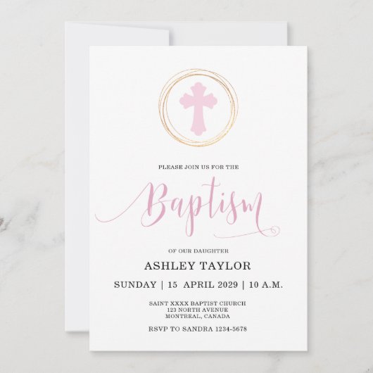 Roze Kruis en Faux Goud Lijst Doop Kaart (Voorkant)