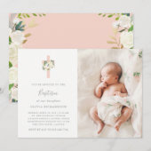 Roze Kruis en Witte Bloemen | Fotomeisje Baptisme Kaart (Voorkant / Achterkant)