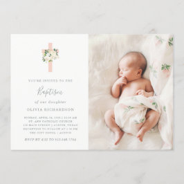 Roze Kruis en Witte Bloemen | Fotomeisje Baptisme Kaart