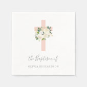 Roze kruis en witte bloemen | Meisjesdoop Servet (Voorkant)