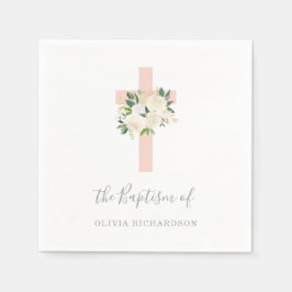Roze kruis en witte bloemen | Meisjesdoop Servet