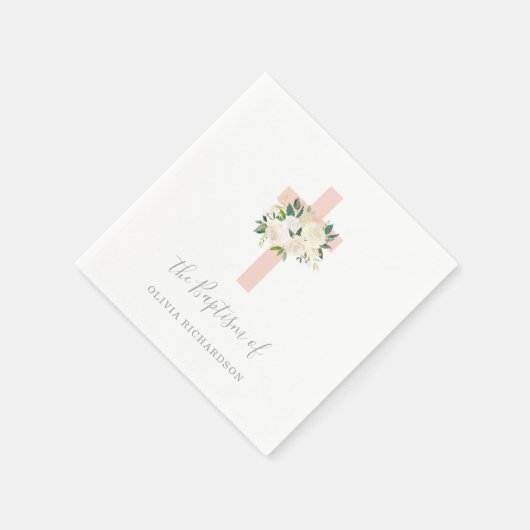 Roze kruis en witte bloemen | Meisjesdoop Servet (Hoek)
