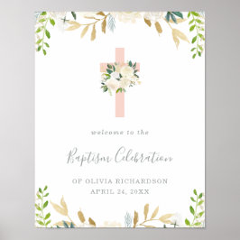 Roze Kruis en Witte Bloemen | Welkom Baptism Poster