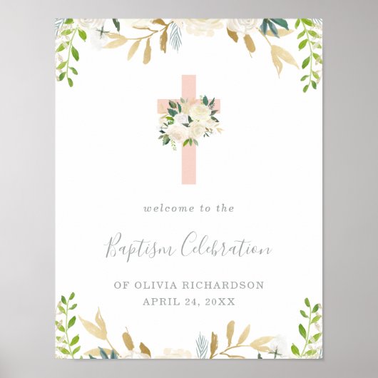 Roze Kruis en Witte Bloemen | Welkom Baptism Poster (Voorkant)